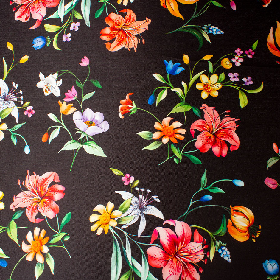 Multi Floral Printed Black Silk Blend Mikado