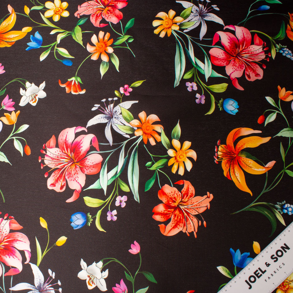 Multi Floral Printed Black Silk Blend Mikado