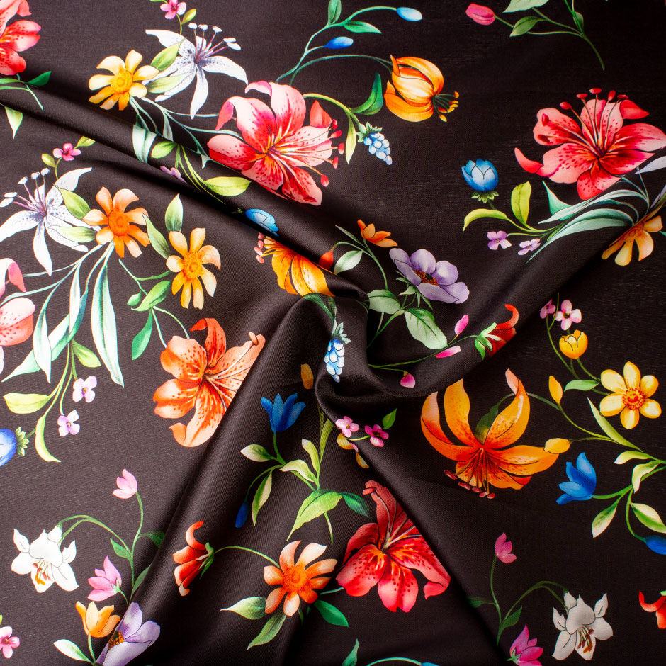 Multi Floral Printed Black Silk Blend Mikado