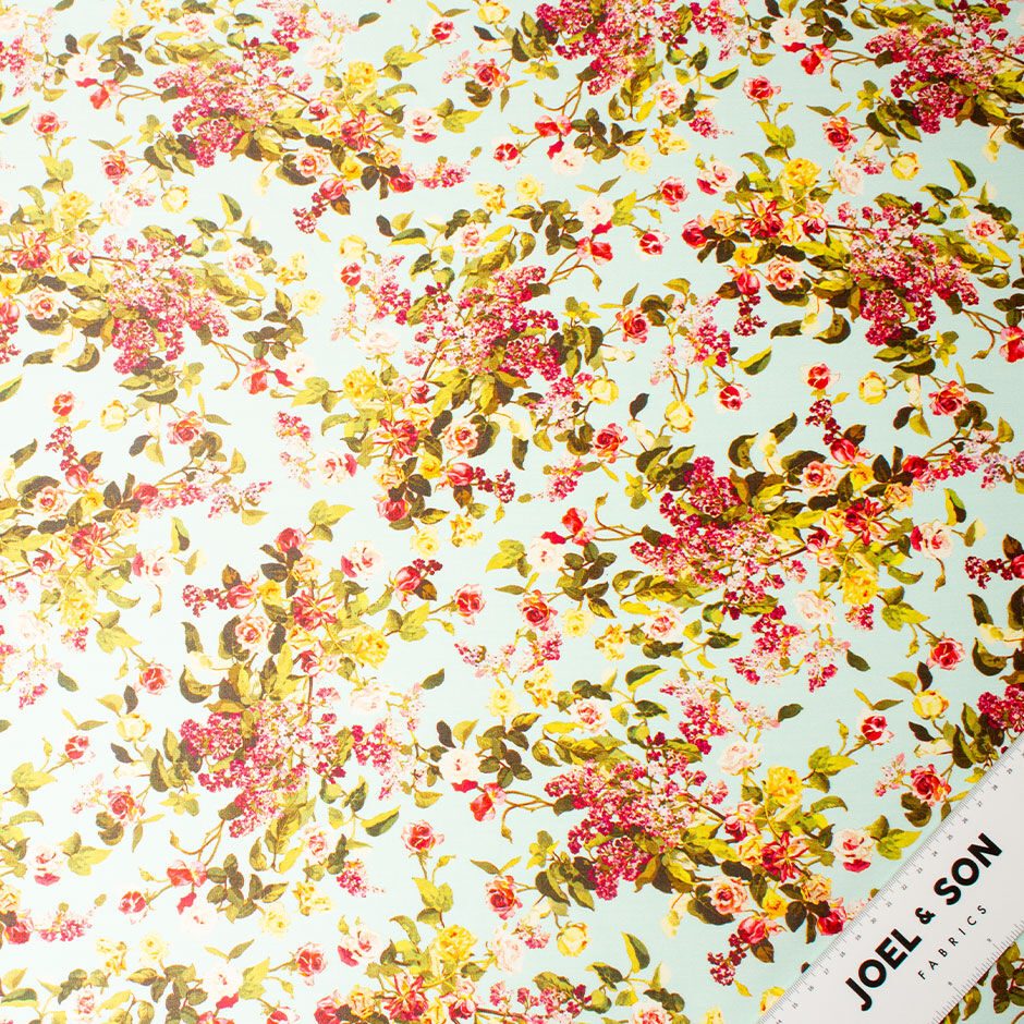 Pink & Yellow Rose Printed Aqua Silk Grosgrain Faille