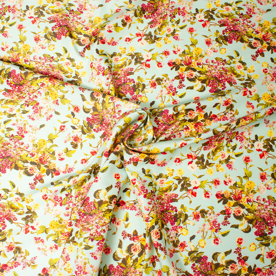 Pink & Yellow Rose Printed Aqua Silk Grosgrain Faille