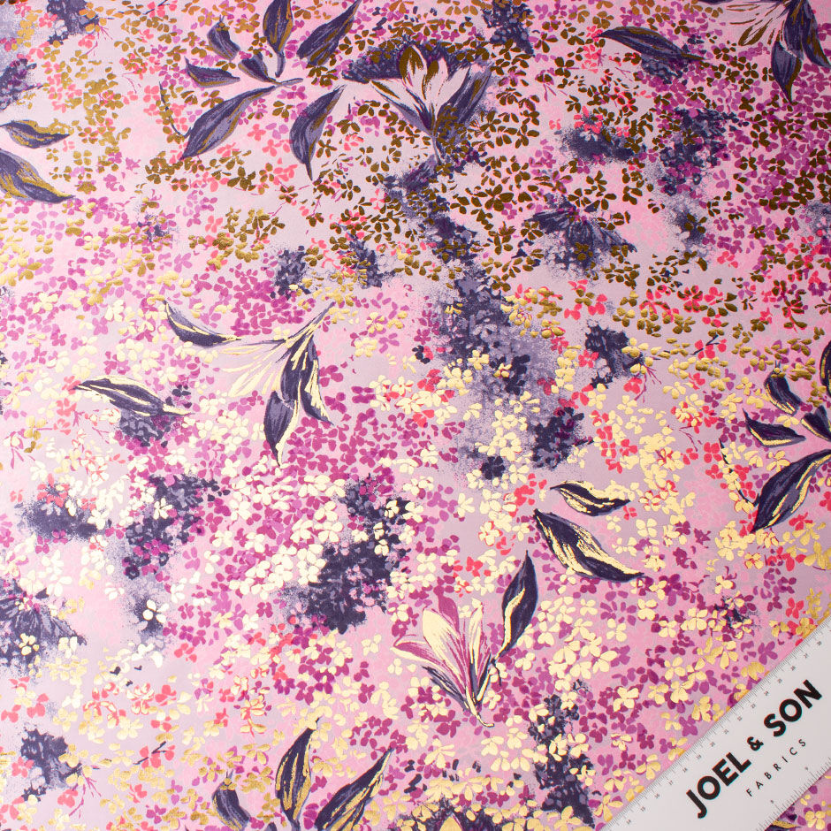 Purple Floral & Gold Laminated Lilac Silk Taffeta (A 3.35m Piece)