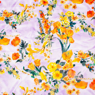 Dainty Orange Floral Printed Lilac Cotton Voile Jacquard
