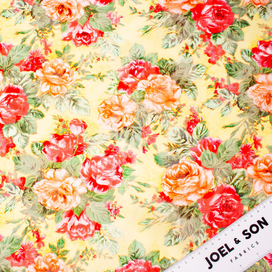 Large Orange & Pink Floral Yellow Cotton Voile Jacquard