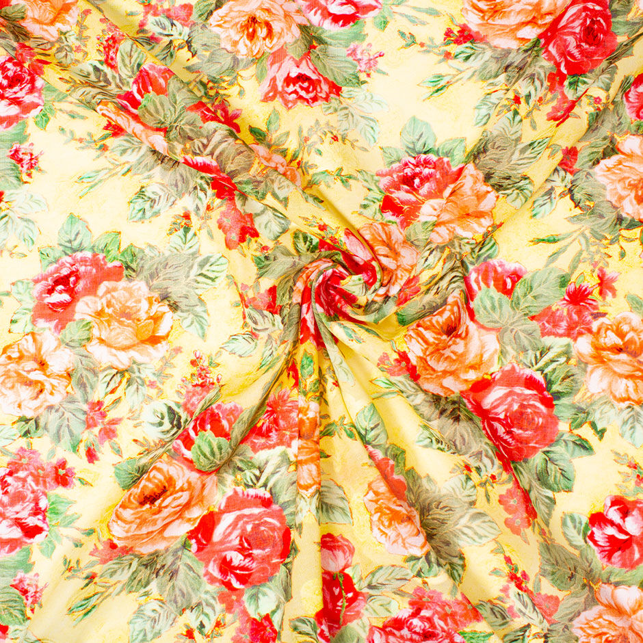 Large Orange & Pink Floral Yellow Cotton Voile Jacquard