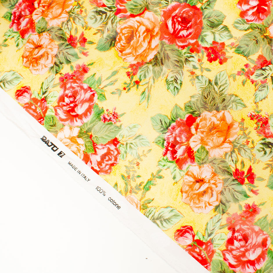 Large Orange & Pink Floral Yellow Cotton Voile Jacquard