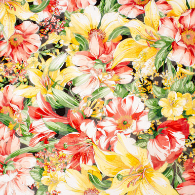 Bold Multi-Coloured Floral Printed Cotton Voile With Jacquard