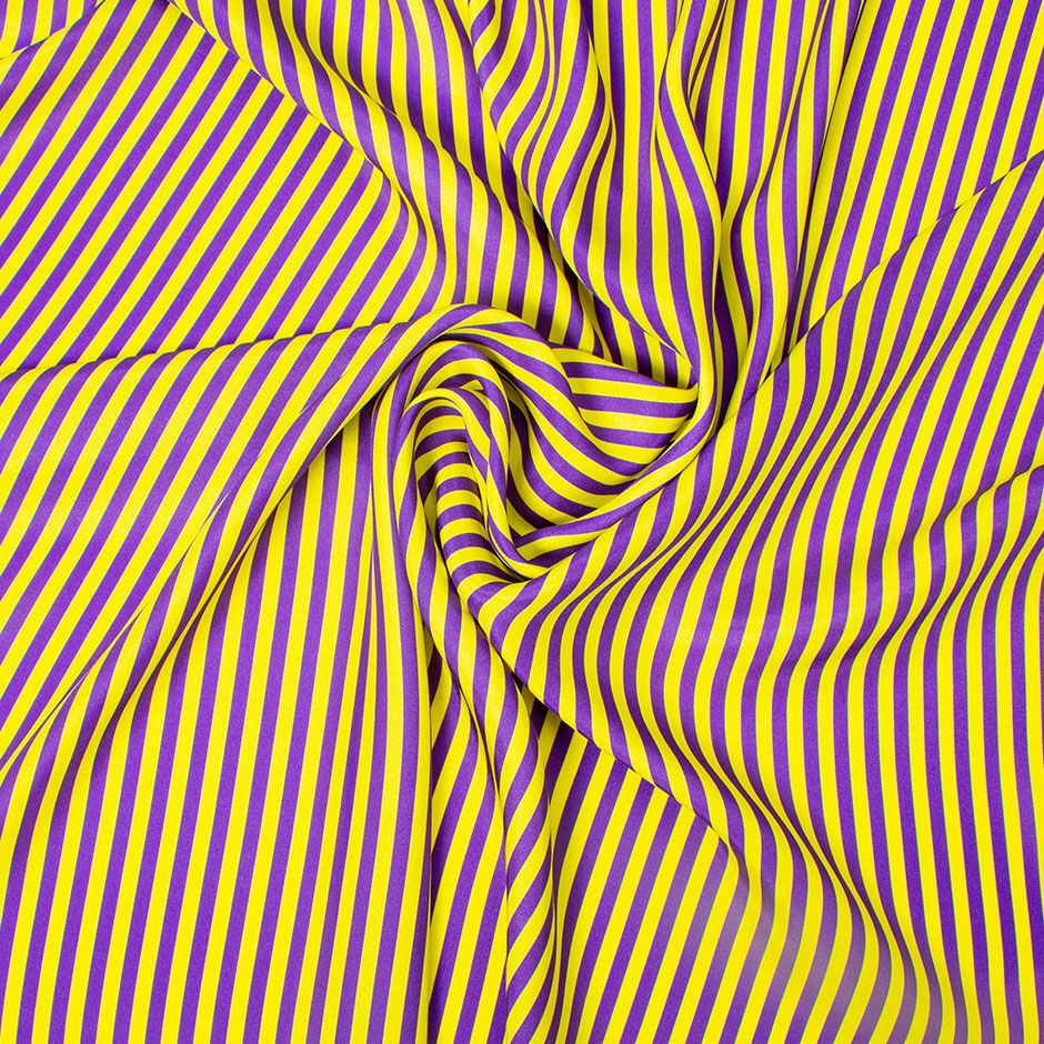 Canary Yellow & Purple Striped Reverse Pure Silk Satin