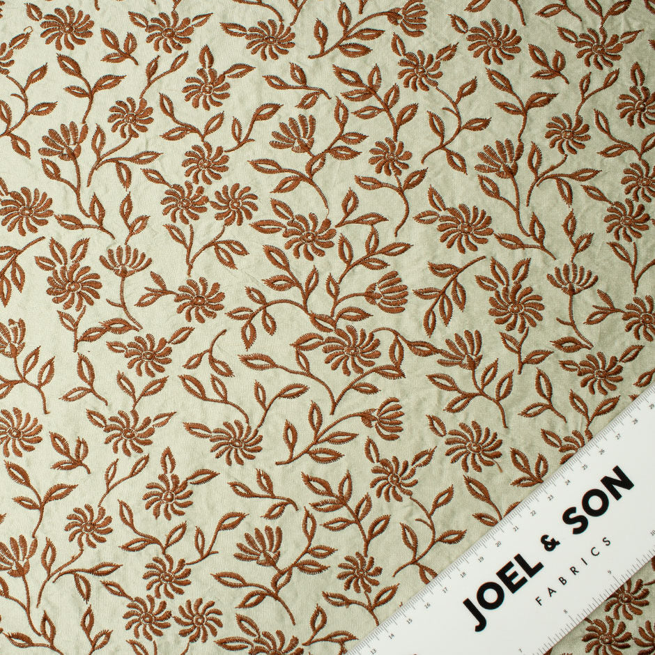 Brown Floral Embroidered Sage Green Silk Shantung