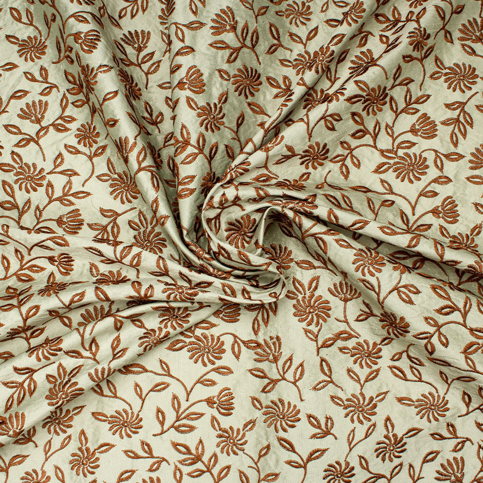 Brown Floral Embroidered Sage Green Silk Shantung