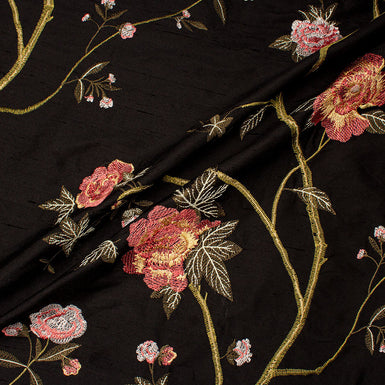 Rose Pink Floral Embroidered Black Silk Shantung