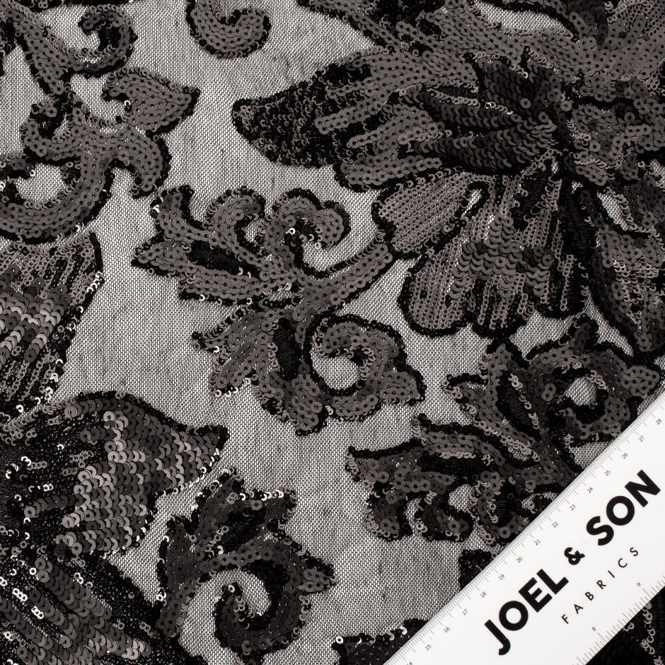 Heavy Floral Black Sequinned Stretch Tulle