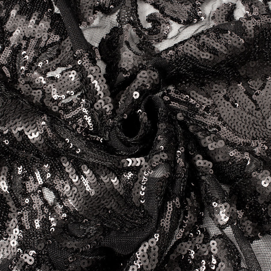 Heavy Floral Black Sequinned Stretch Tulle