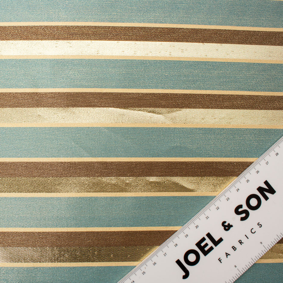 Gold, Brown & Duck Egg Blue Striped Polyester Lamé