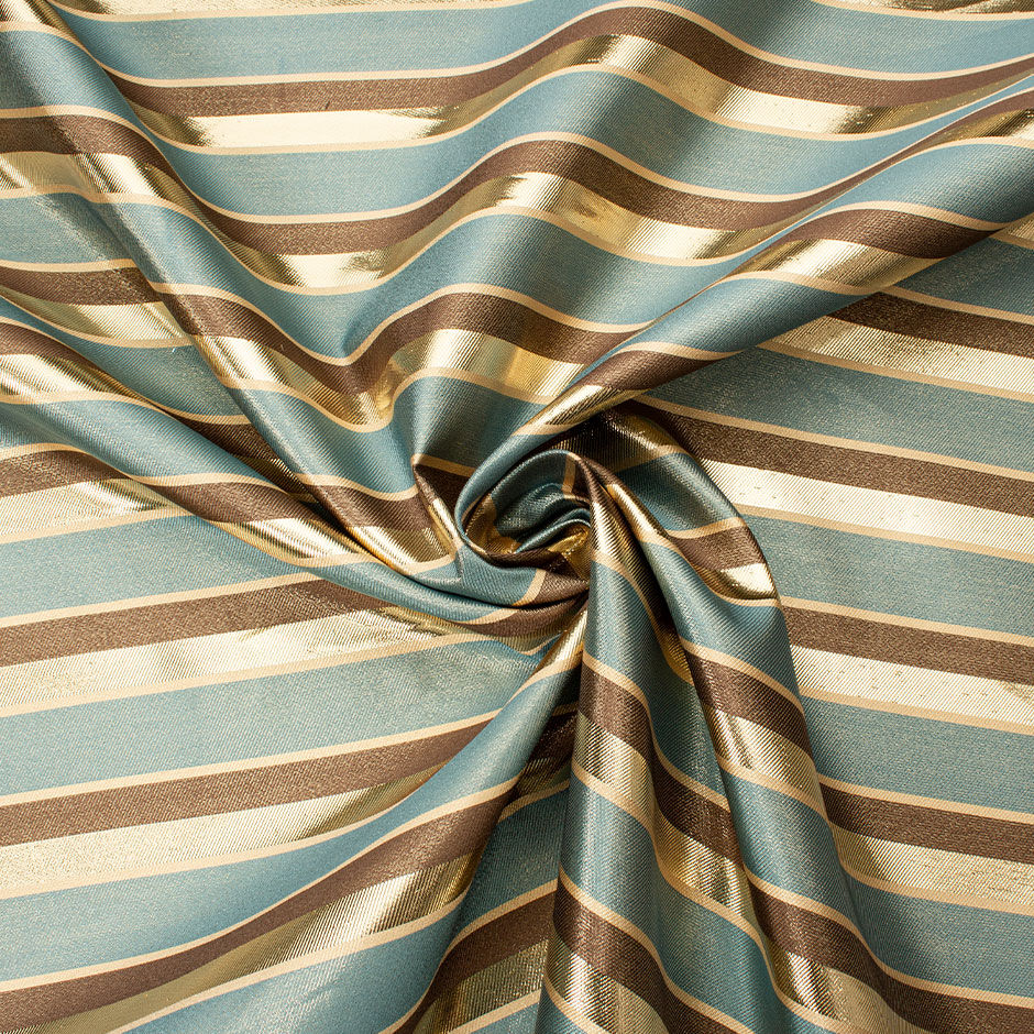 Gold, Brown & Duck Egg Blue Striped Polyester Lamé