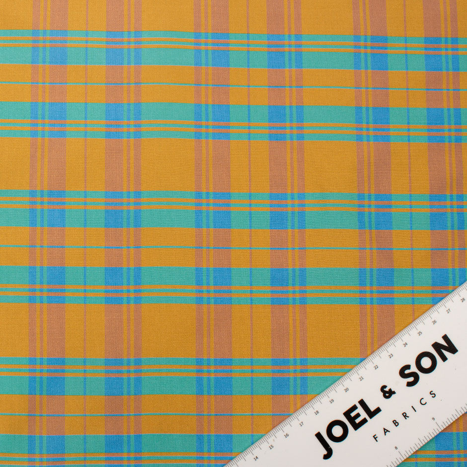 Apricot, Blue & Green Tartan Checkered Silk Taffeta
