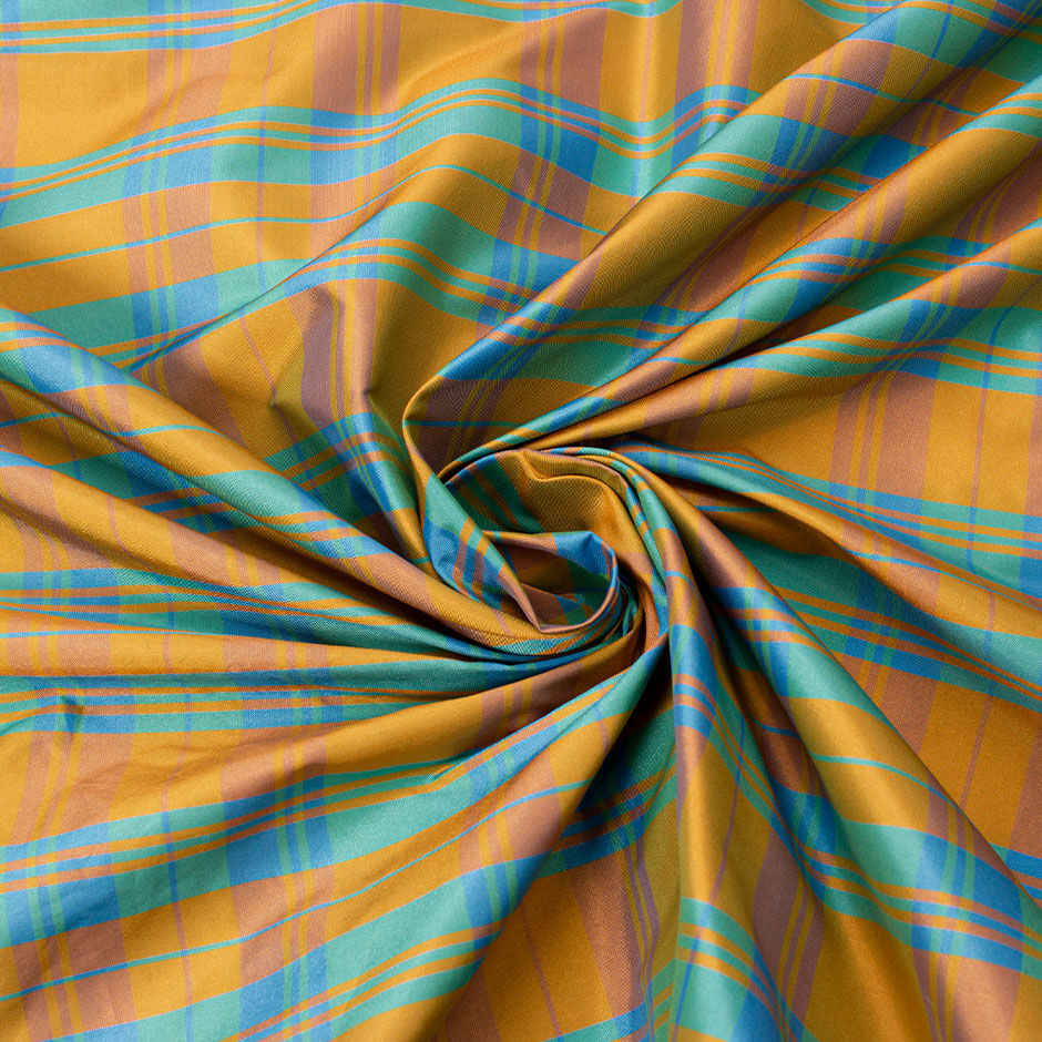 Apricot, Blue & Green Tartan Checkered Silk Taffeta