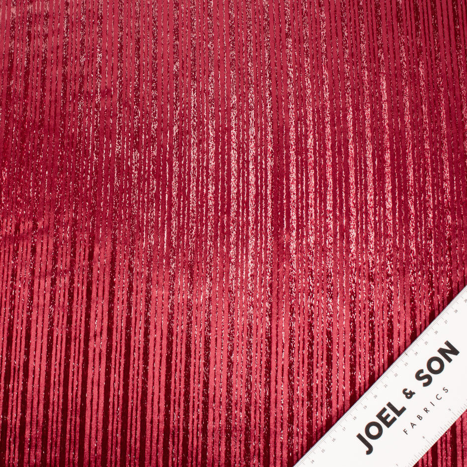 Deep Rose Red Metallic Striped Silk Blend Velvet