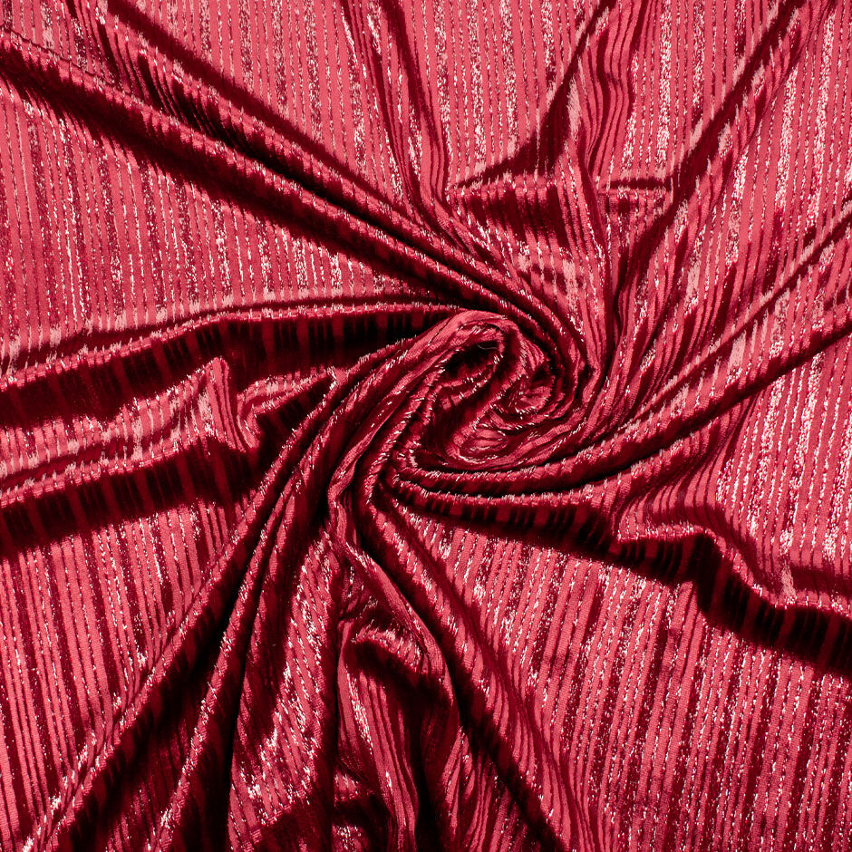 Deep Rose Red Metallic Striped Silk Blend Velvet