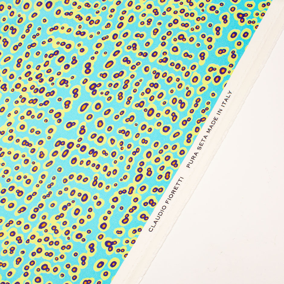 Turquoise, Lime & Blue Spot Printed Pure Silk Twill