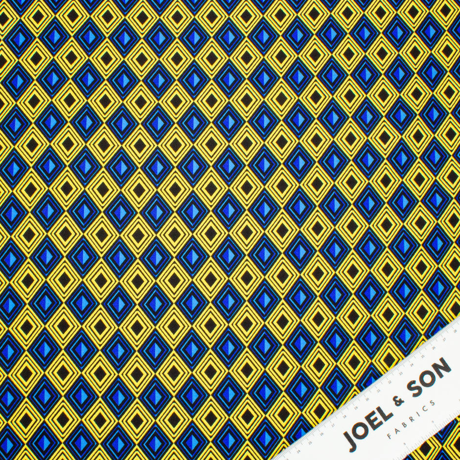 Blue, Yellow & Black Geometric Printed Silk Twill (A 1.90m Piece)