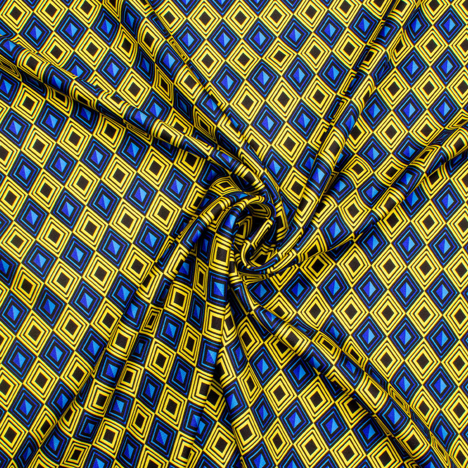 Blue, Yellow & Black Geometric Printed Silk Twill (A 1.90m Piece)