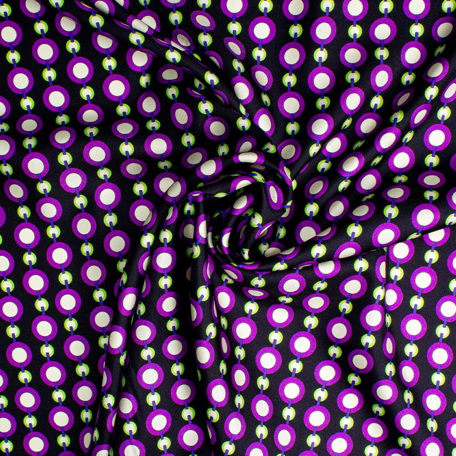 Purple & Green Link Printed Black Silk Twill (A 2m Piece)