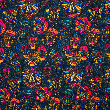 Multi-Coloured Insect Printed Blue Pure Merino Wool (A 2m Piece)