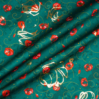 Red Floral Printed Dark Green & Gold Laminated Cotton