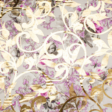 Lilac Floral Printed Grey & Gold Laminated Cotton