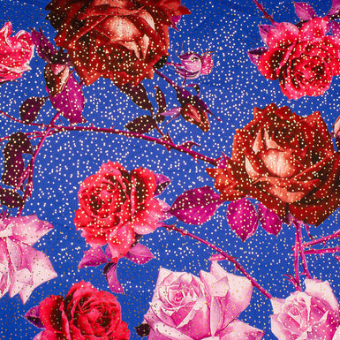 Large Rose Printed Royal Blue & Gold Spotted Cotton