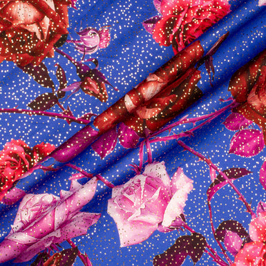 Large Rose Printed Royal Blue & Gold Spotted Cotton