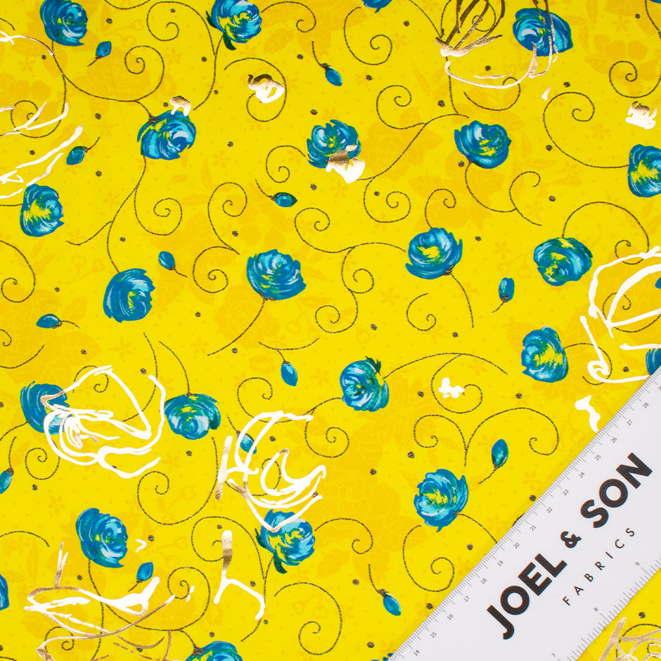 Canary Yellow Floral Printed Laminated Cotton