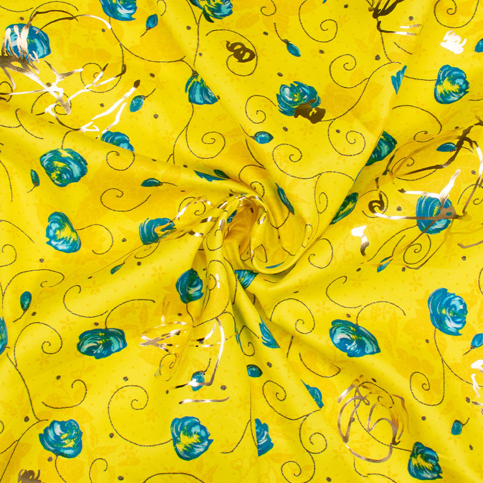 Canary Yellow Floral Printed Laminated Cotton