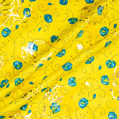 Canary Yellow Floral Printed Laminated Cotton