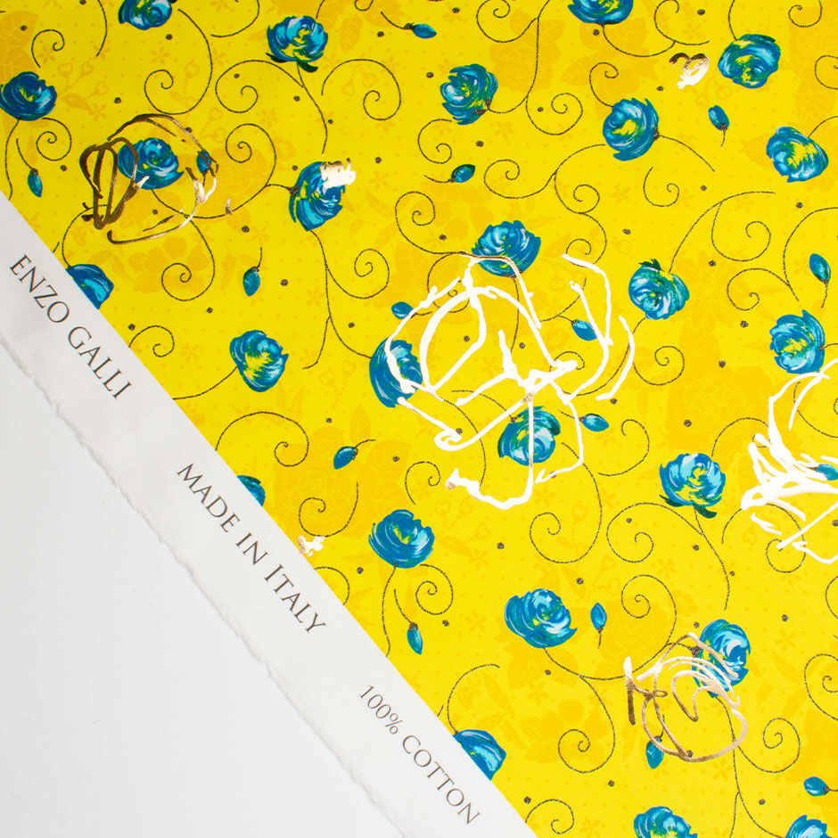 Canary Yellow Floral Printed Laminated Cotton