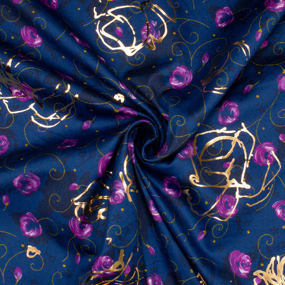Purple Floral Midnight Blue Gold Laminated Cotton