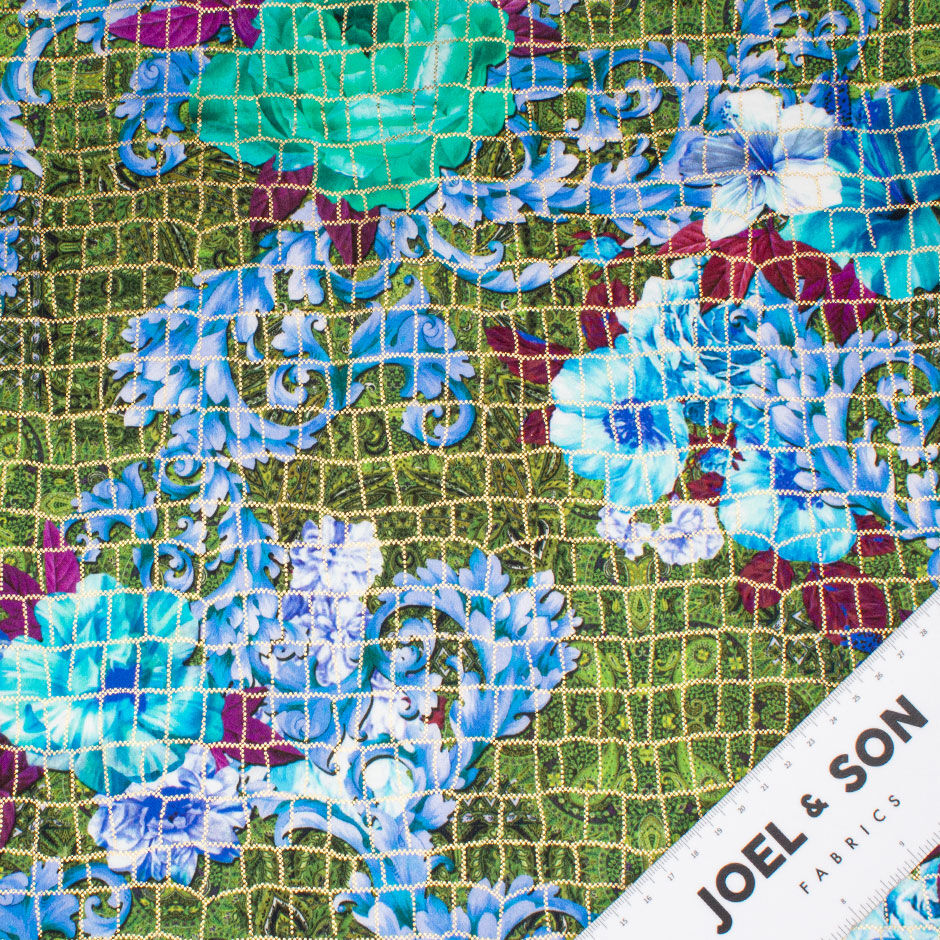 Blue & Green Floral Printed Gold Laminated Cotton