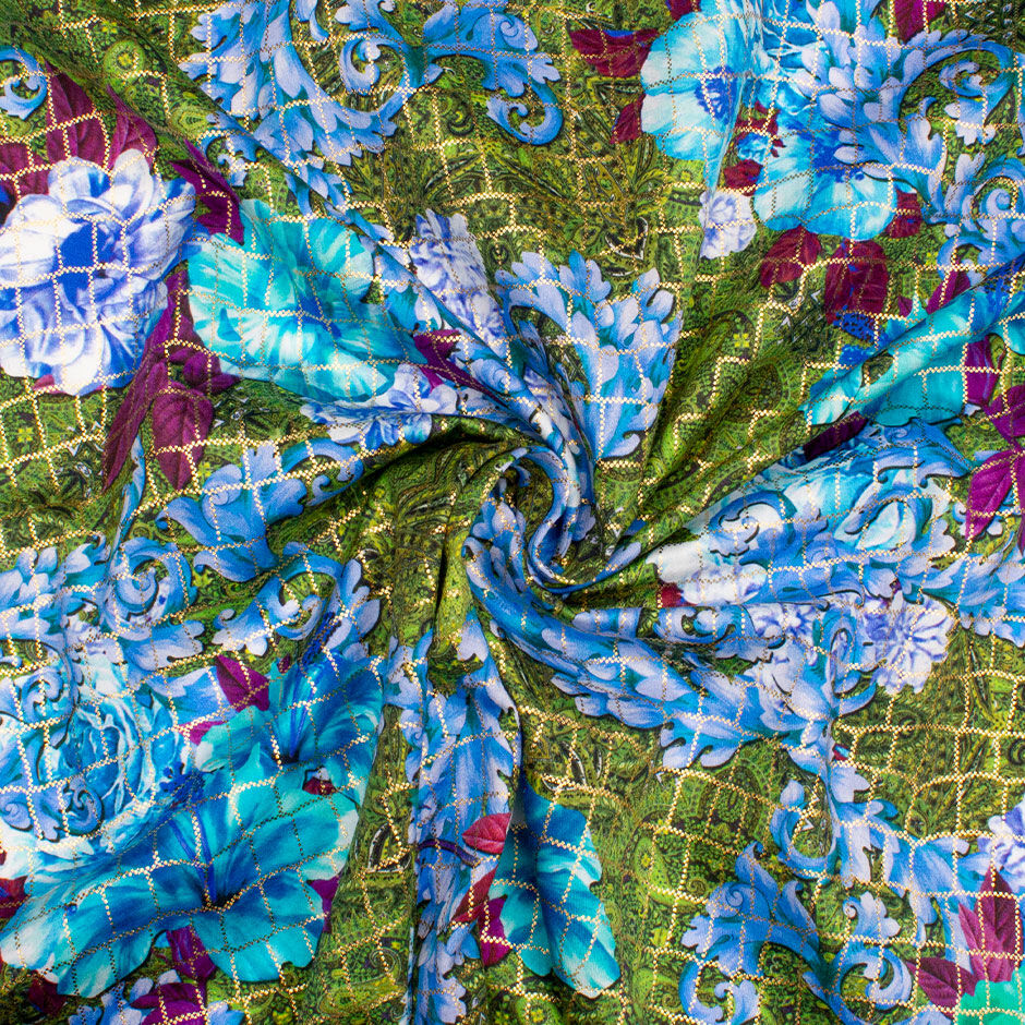 Blue & Green Floral Printed Gold Laminated Cotton