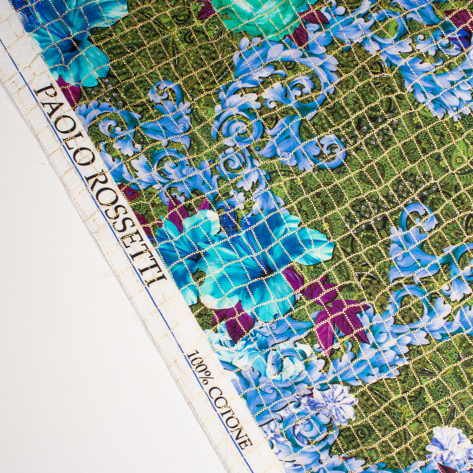 Blue & Green Floral Printed Gold Laminated Cotton