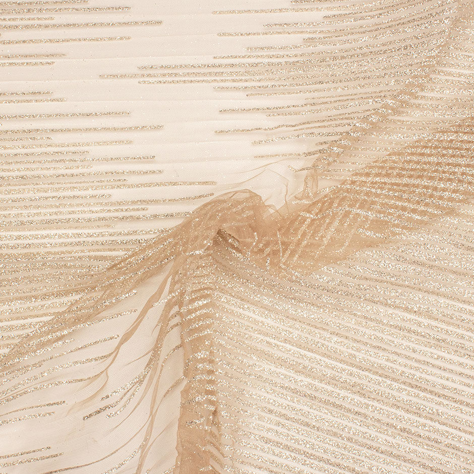 Gold Glitter Embellished Nude Plissé Tulle