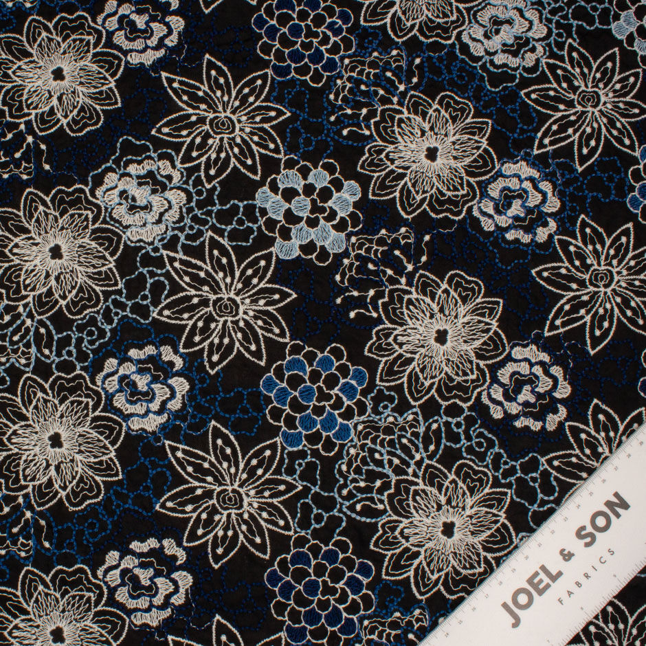 Floral Embroidered Black Cotton Blend Voile