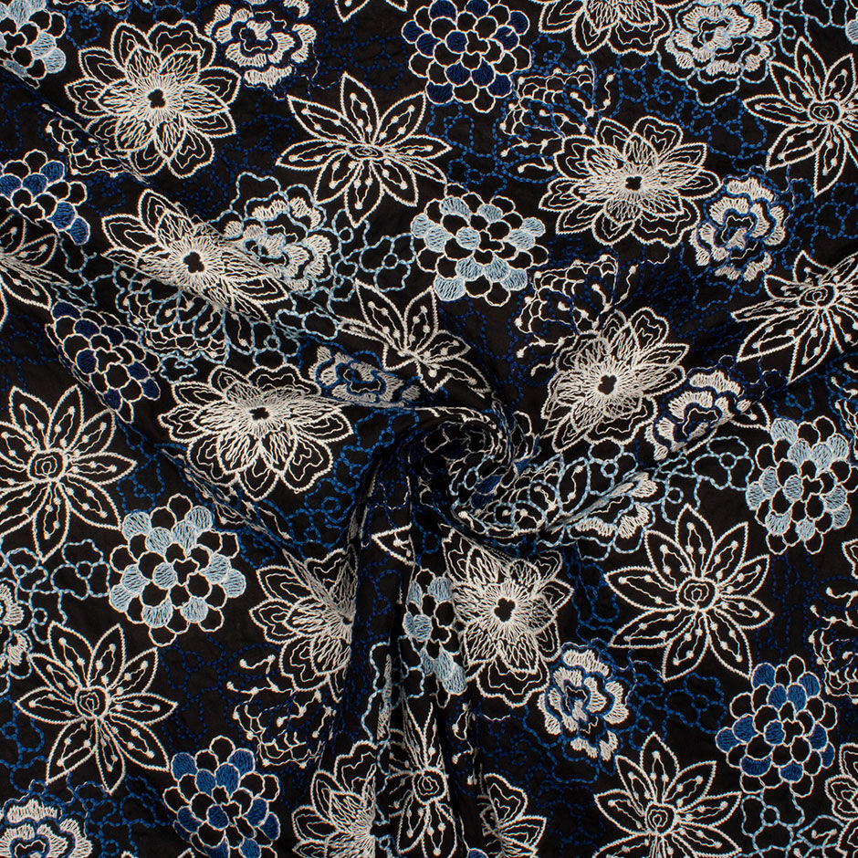 Floral Embroidered Black Cotton Blend Voile