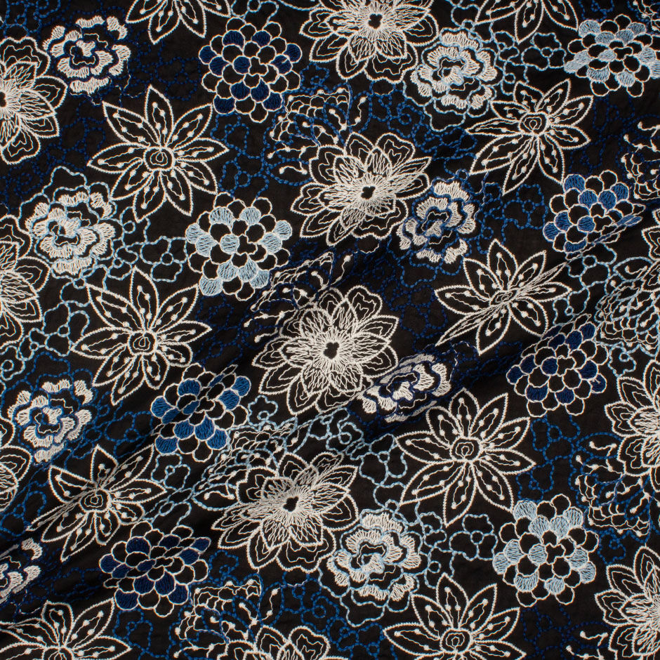 Floral Embroidered Black Cotton Blend Voile
