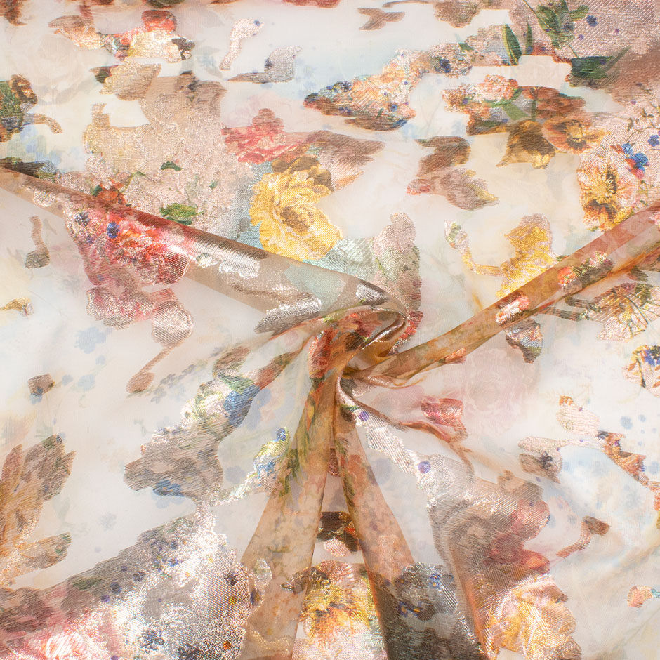 Multi-Coloured Floral Pink Metallic Long Jet Printed Organza