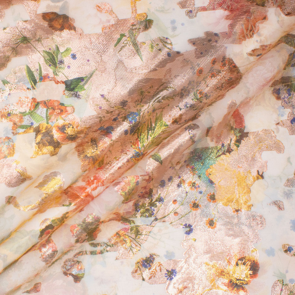 Multi-Coloured Floral Pink Metallic Long Jet Printed Organza