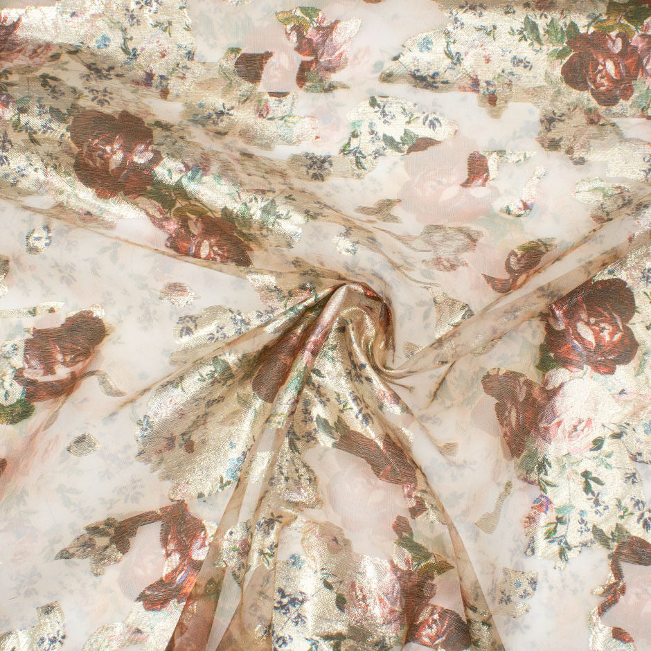 Burgundy Floral Long Jet Metallic Silk Organza