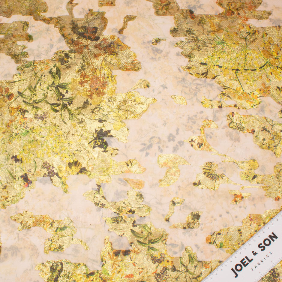 Dainty Floral Printed Peach & Gold Metallic Silk Organza