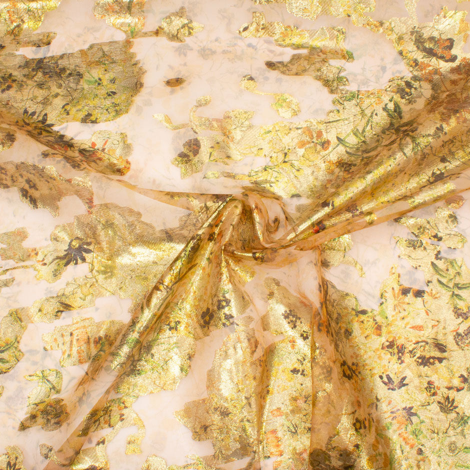 Dainty Floral Printed Peach & Gold Metallic Silk Organza