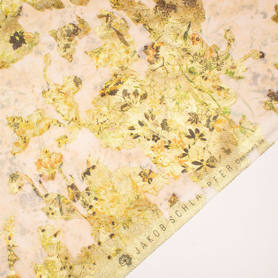 Dainty Floral Printed Peach & Gold Metallic Silk Organza
